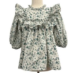 Shop The Mint Feeling Close To You Cream Forest Toile Ruffle Blouse Size S